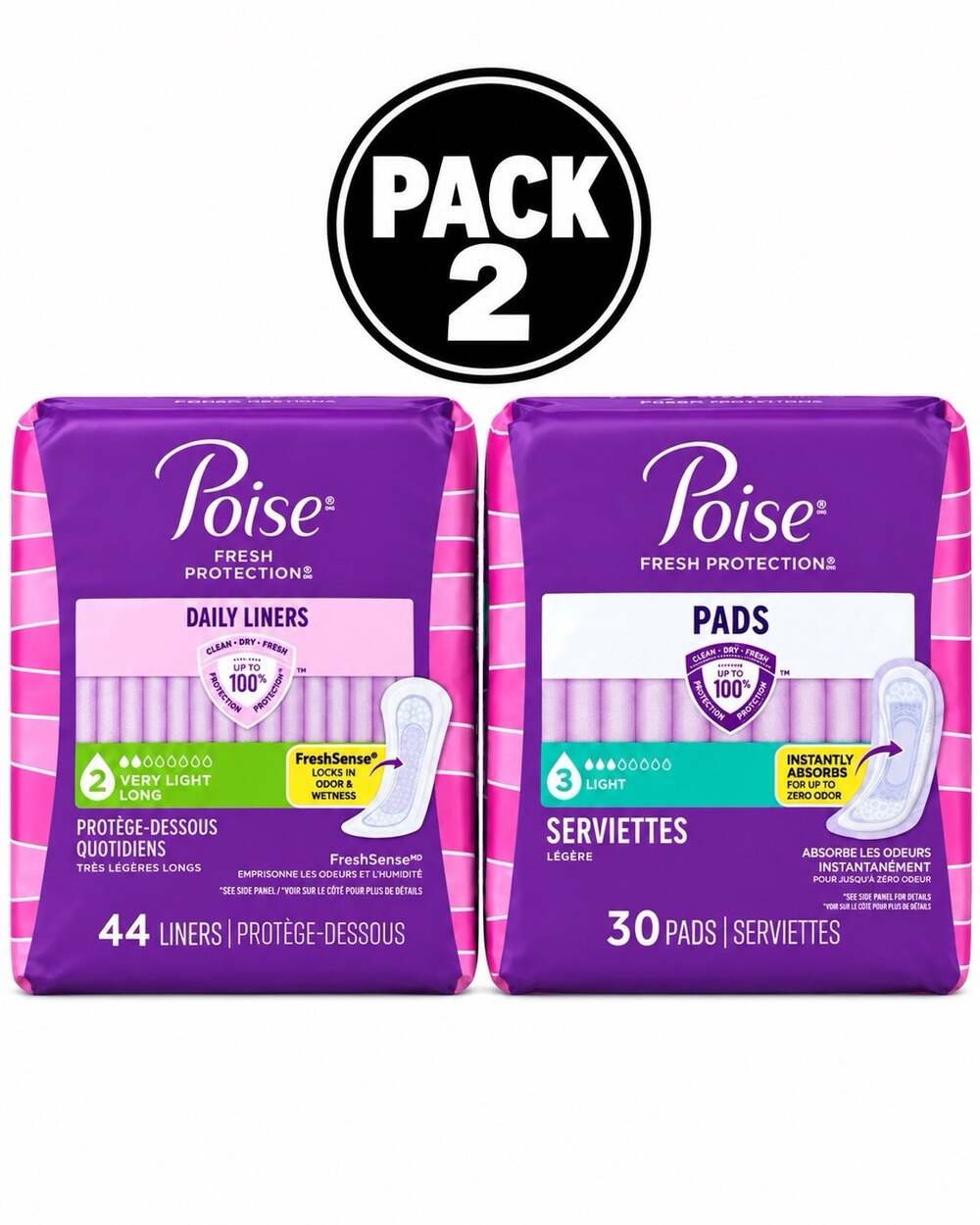Poise Fresh Protection 2 Pack 30 Pads Light + 44 Long Liners